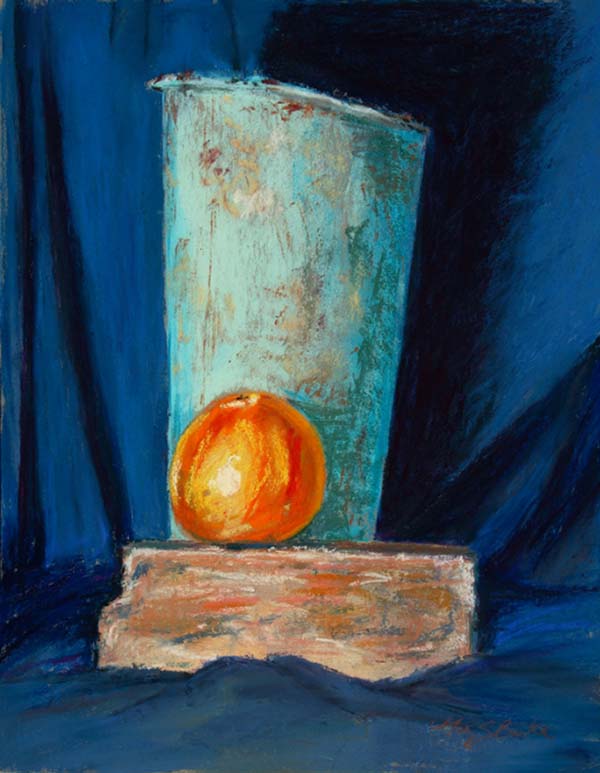Still life pastel painting of a blue vase with an orange on a brick on a dark blue background by Mary Benke