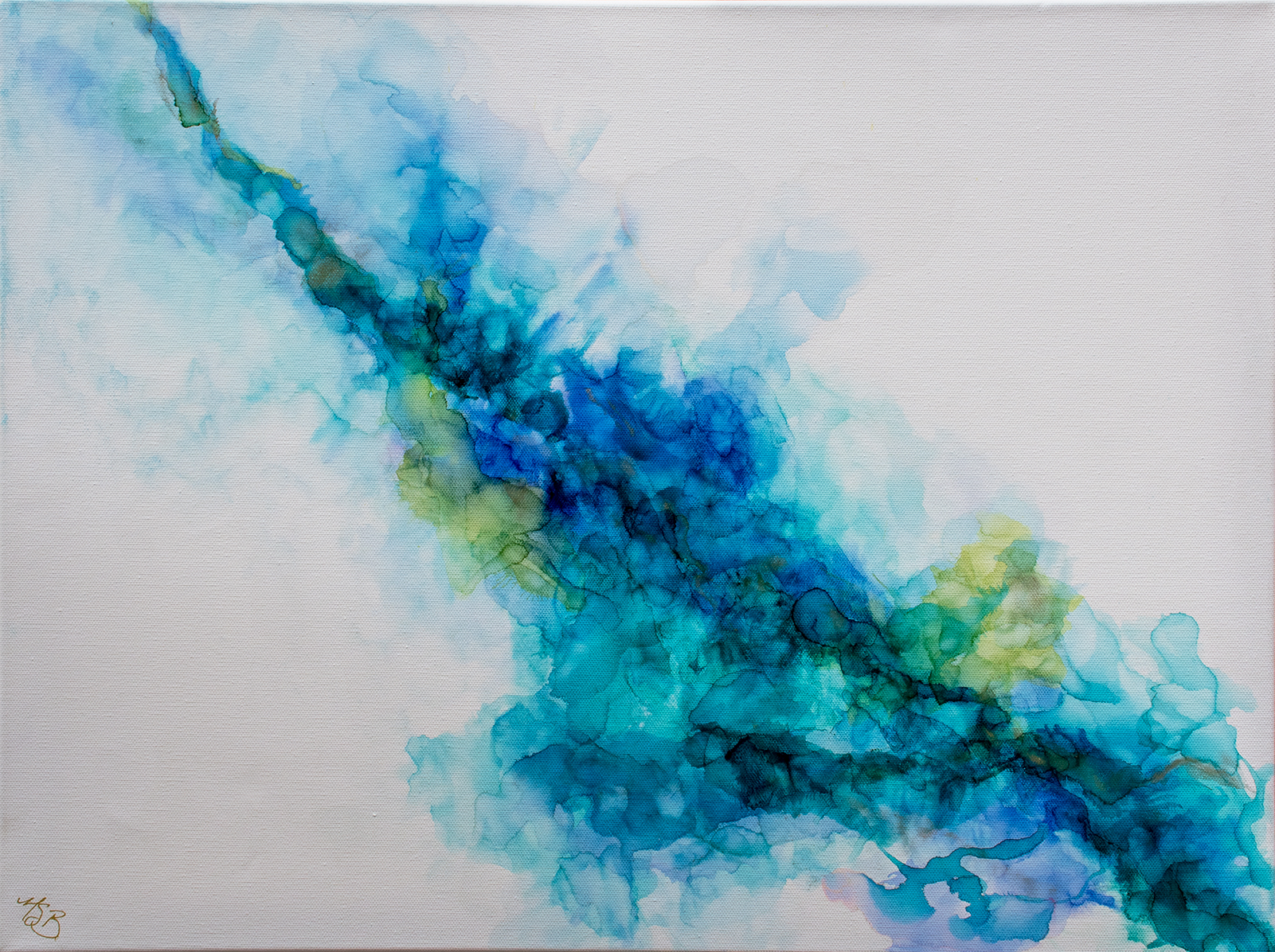 Abstract painting of teal, blue, and green with gold veins in alcohol ink on canvas by Mary Benke