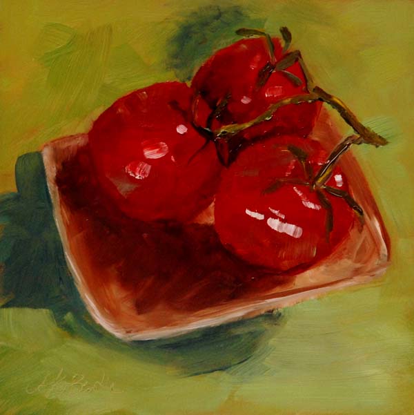 Still life oil painting of red tomatoes against a lime green background by mary benke