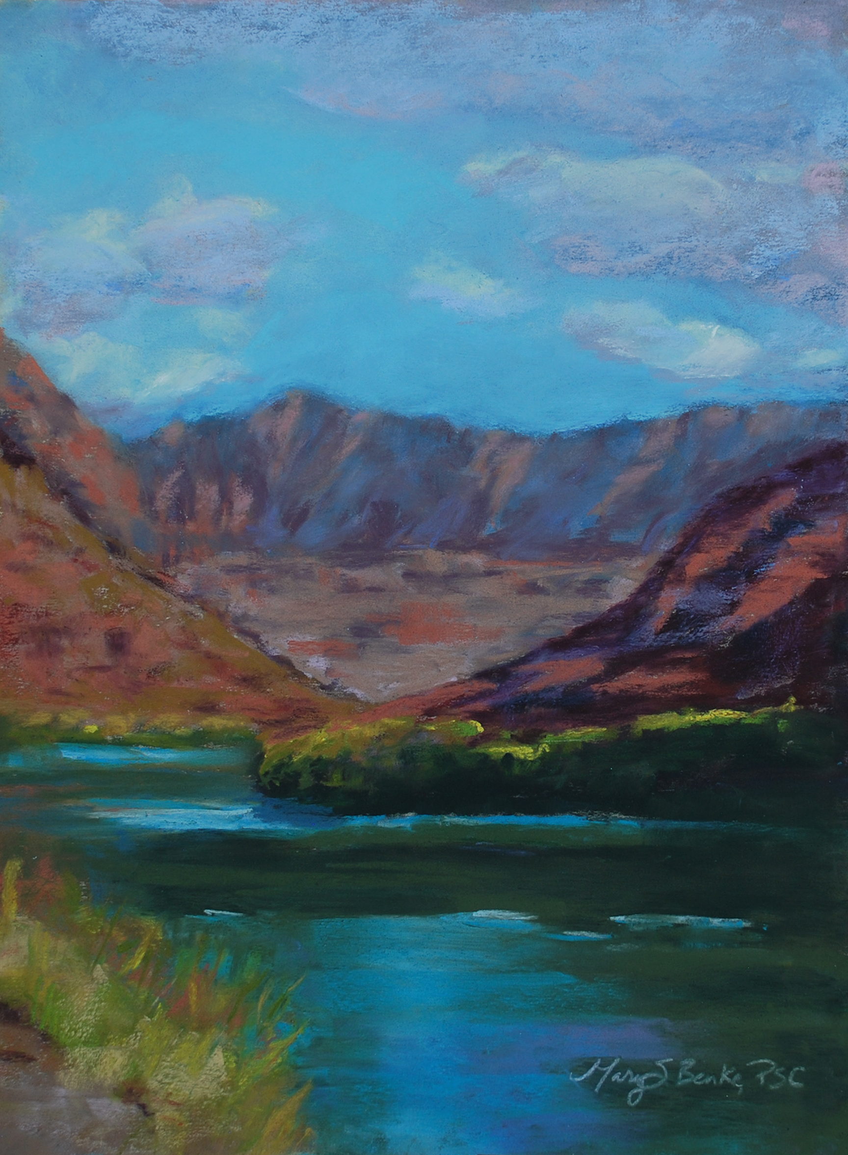 Pastel landscape painting of a scene along the Colorado River featuring water, rocks, mountains, and Fisher Towers in Utah near Moab by Mary Benke