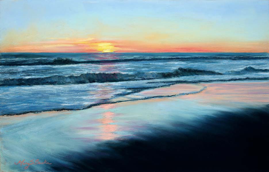 The sunset reflects in the sand as the water recedes from the shore in this serene pastel seascape by Mary Benke