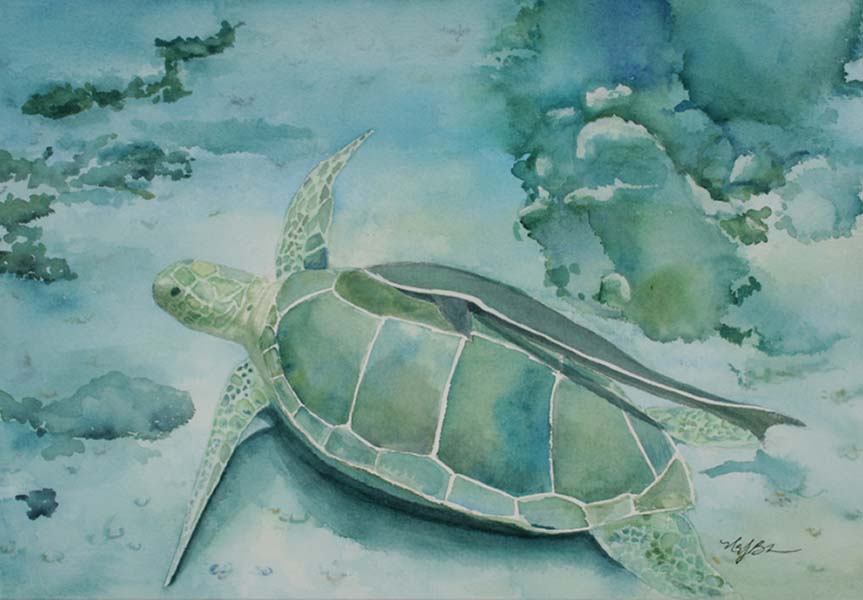 This underwater watercolor painting of a sea turtle (complete with hitch-hiking  remora fish) features beautiful blues, aquas and greens by Mary Benke