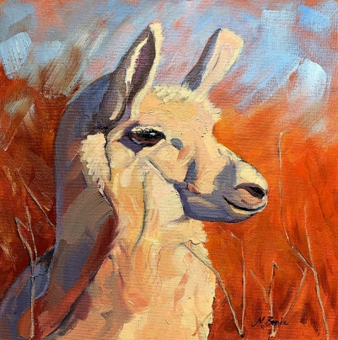 This closeup of a white llama looking into the distance features bold brush strokes and colors to depict the shaggy fur and light and shadows with a vibrant orange backdrop and complementary blue sky by Mary Benke
