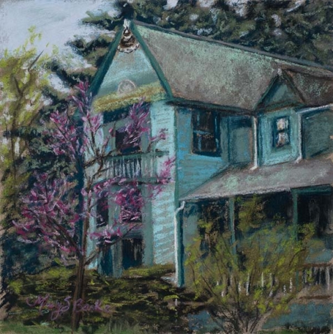 The square format on this vibrant pastel frames a blue Victorian house in Old Town in spring by Mary Benke