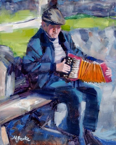 An oil painting of a charming Irish accordion player entertaining tourists on a sunny day along the Ring of Kerry route by Mary Benke