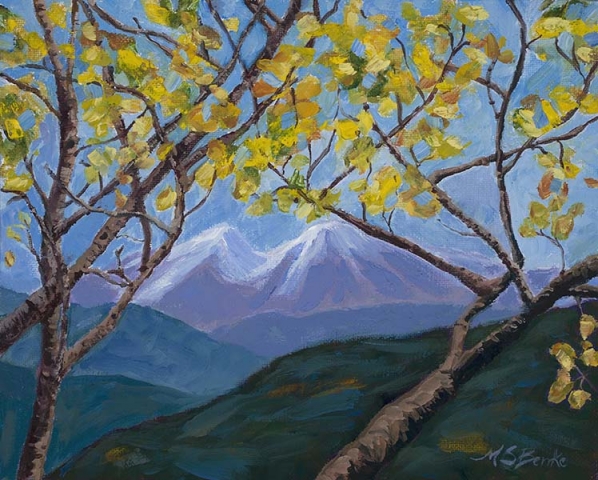 Landscape oil painting of snowcapped Colorado mountains seen through golden aspen leaves in Rocky Mountain National Park by Mary Benke