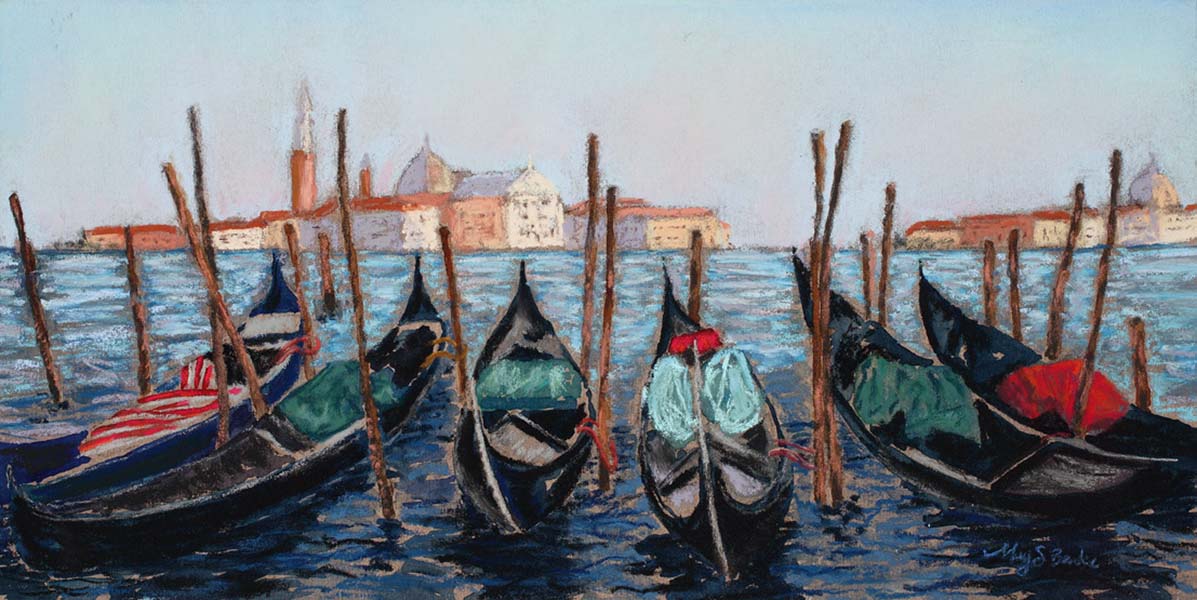 Pastel painting of gondolas sitting in a canal in front of Venice's Santa Maria della Salute by Mary Benke
