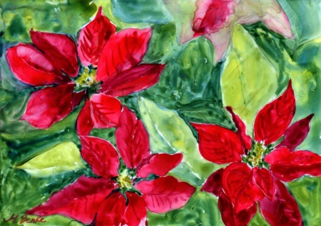 Bright red poinsettias set against a vibrant green watercolor background make this a perfect Christmas card or print by Mary Benke