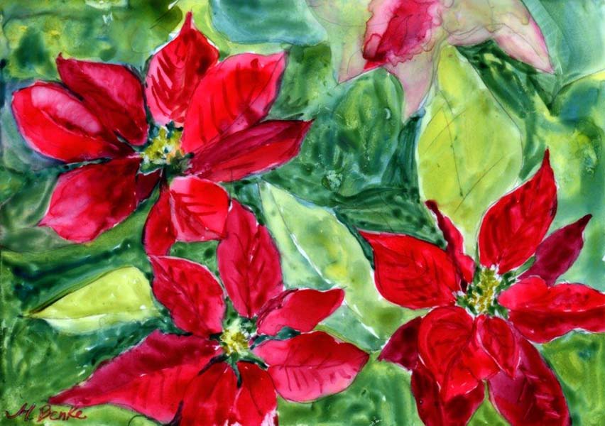 Bright red poinsettias set against a vibrant green watercolor background make this a perfect Christmas card or print by Mary Benke