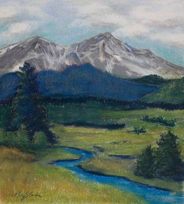 Pastel landscape painting of snow-capped Twin Peaks, well known Colorado mountains with a foreground of a blue stream and green foothills by Mary Benke