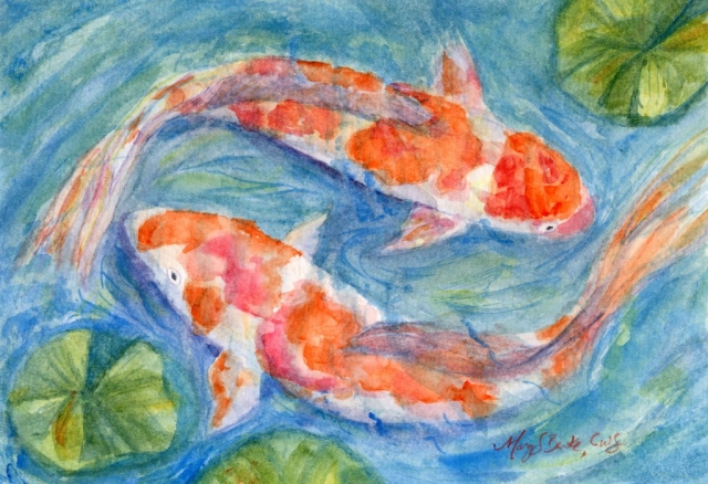 A peaceful watercolor painting of two koi fish swimming in circles by Mary Benke