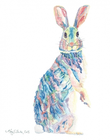 This sweet, rainbow-colored cottontail bunny features pastel colors on a white background and would be perfect in a child's or baby's room.
