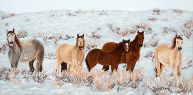 A pastel painting of inquisitive wild horses against a snowy backdrop by Mary Benke