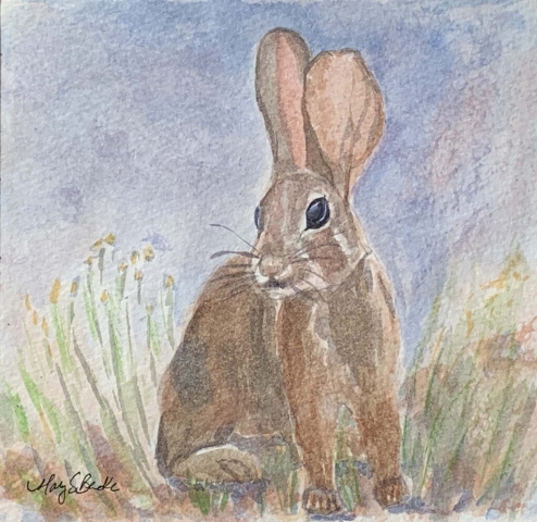 This sweet, watercolor cottontail bunny is painted in soft pastel colors would be perfect in a child's or baby's room by Mary Benke.