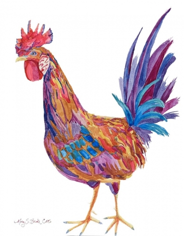 A vivid rooster struts in this watercolor portrait featuring feathers in blue, orange, red, purple, and yellow by Mary Benke