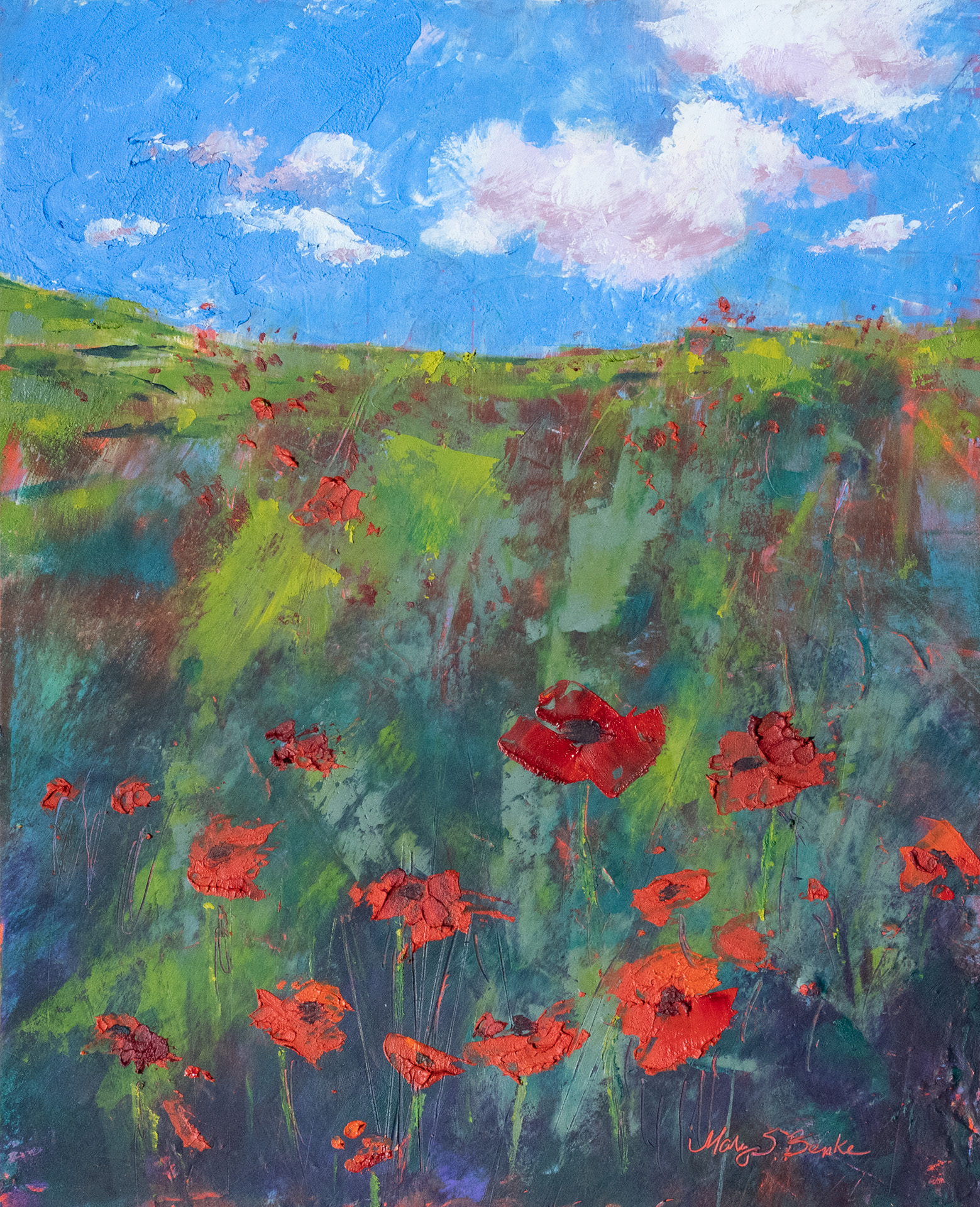 A cheery oil painting depicts vibrant red poppies against fresh greens and a brilliant blue sky by Mary Benke
