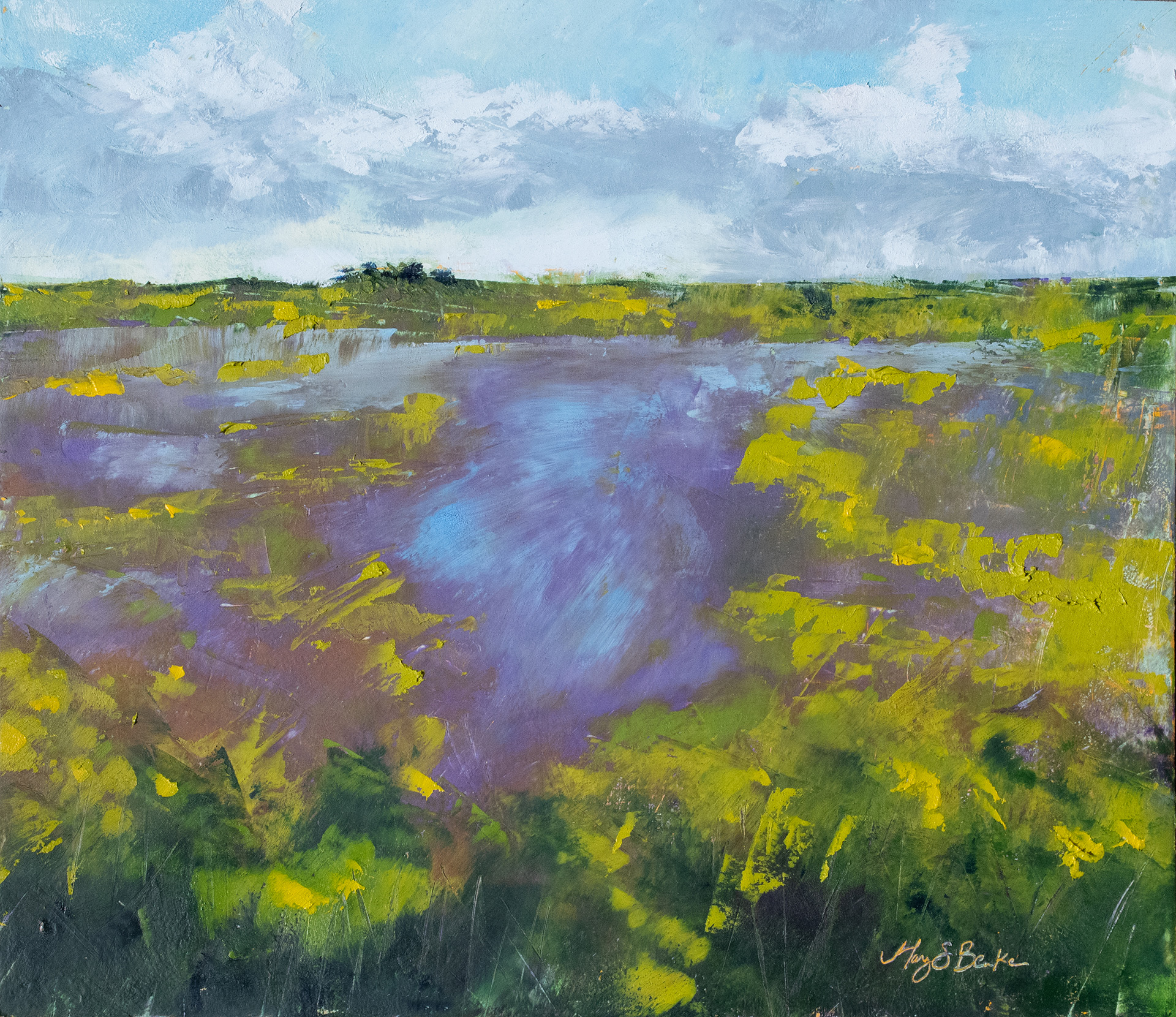Greens, yellows, and lavenders combine in this vibrant oil painting of a midwest marshland by Mary Benke
