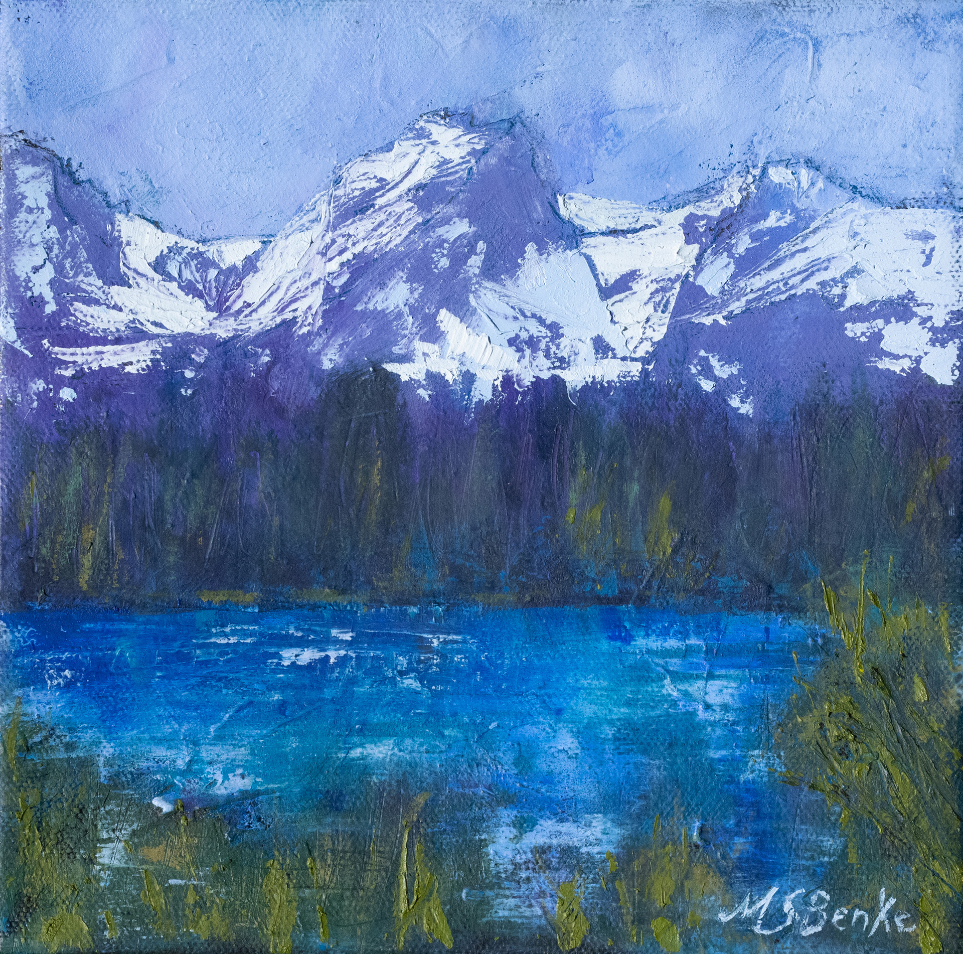 Snow-covered Hallett Peak soars over a peaceful lake in this square oil painting created in harmonic blues. lavenders, and greens by Mary Benke