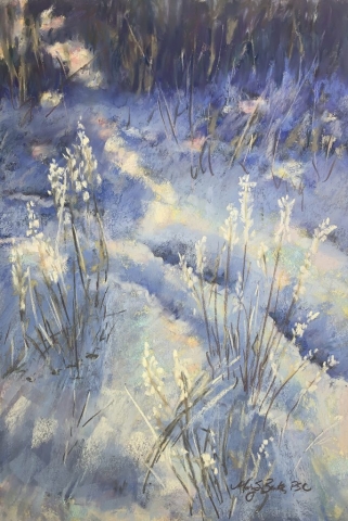 This intimate pastel landscape accentuates beautiful blues and lavenders in a tranquil snow scene by Mary Benke